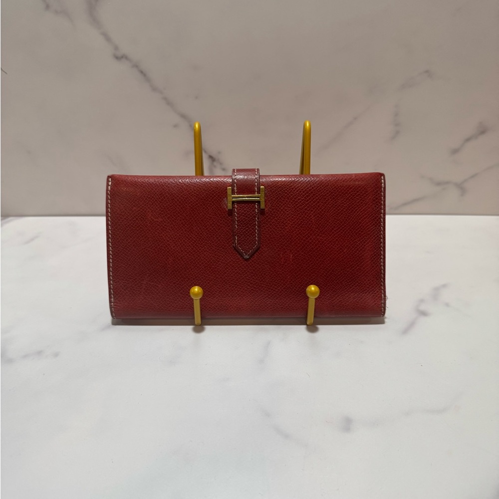 Hermes Red Bearn Wallet with gold hardware